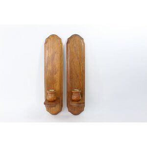 Vintage Wood Wall Candle Sconces Set of Two 14 Inch Oak Finish